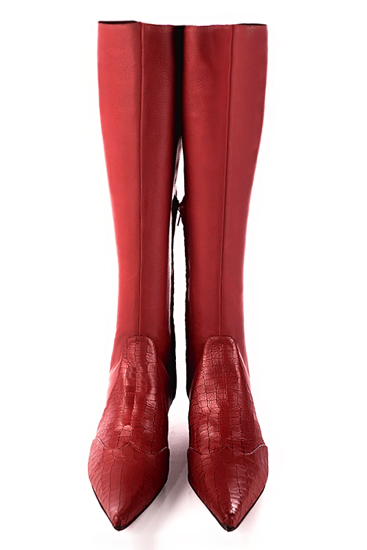 Scarlet red women's knee-high boots, with laces at the back. Pointed toe. Low block heels. Made to measure. Top view - Florence KOOIJMAN